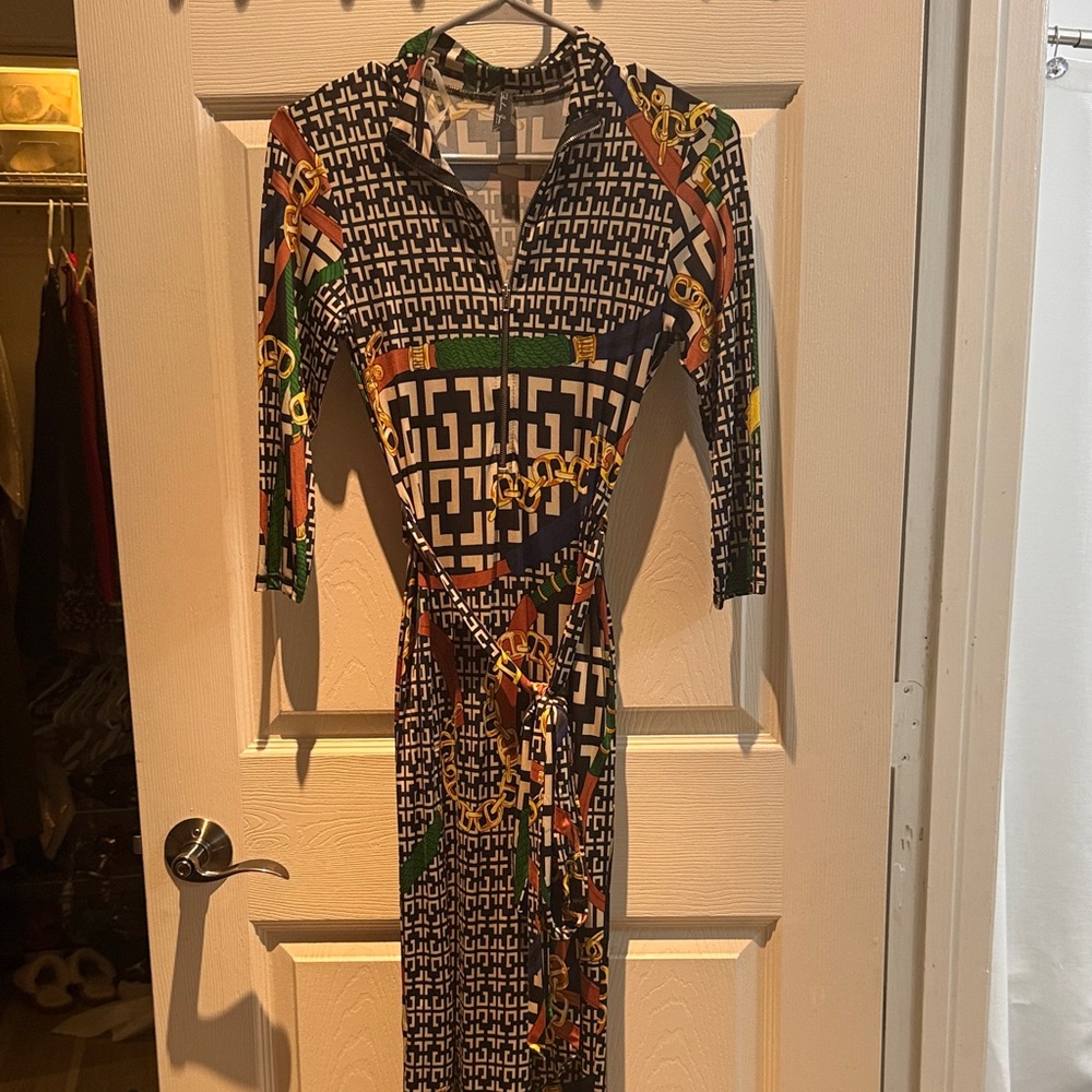 Black Multi-Print Wrap-Style Midi Dress